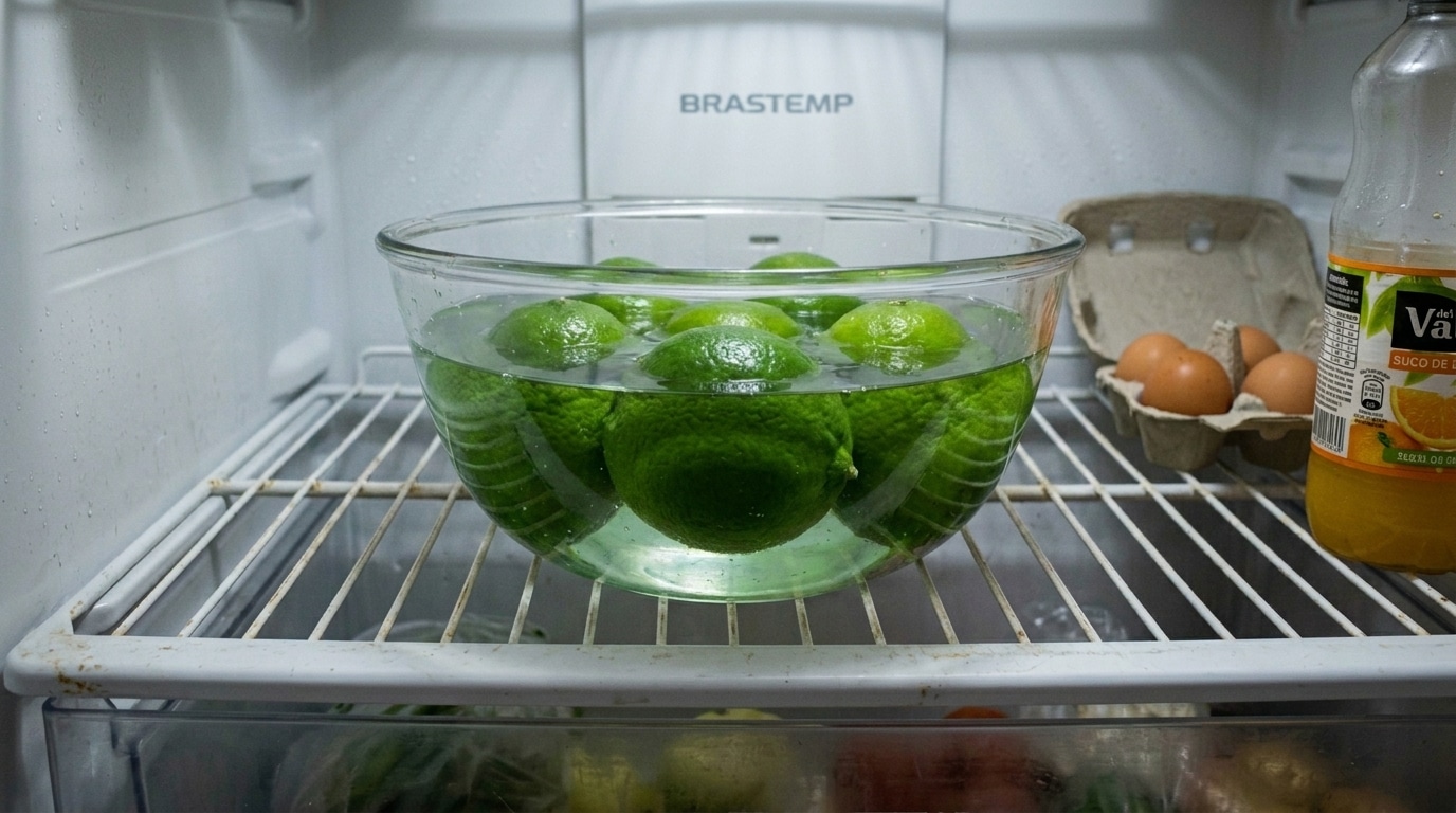 Tigela de vidro redonda e transparente, cheia de água limpa, contendo grandes limões verdes completamente imersos. A tigela repousa sobre a prateleira de grade de uma geladeira, ladeada por uma cartela de ovos caipiras e uma garrafa de suco.