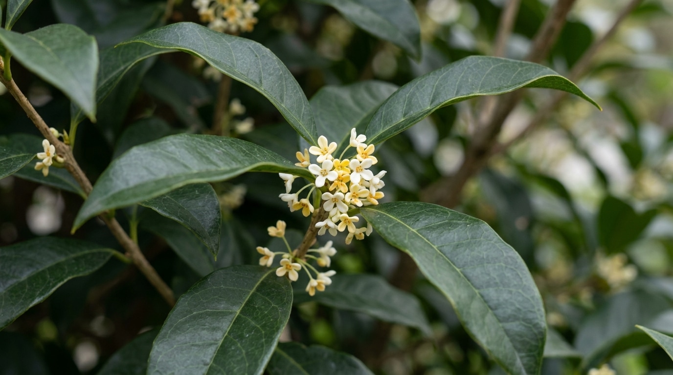 Galho fino de Jasmim-do-imperador mostrando folhas verdes escuras, alongadas e brilhantes. No centro, pequenos grupos de flores amarelo-claras brotam nas junções das folhas.