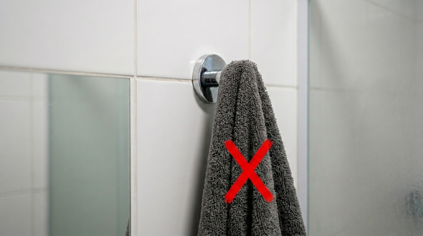 Toalha de banho felpuda cinza escuro pendurada em um pequeno gancho metálico na parede de um banheiro. Um grande "X" vermelho está sobreposto à toalha, sinalizando uma prática incorreta.