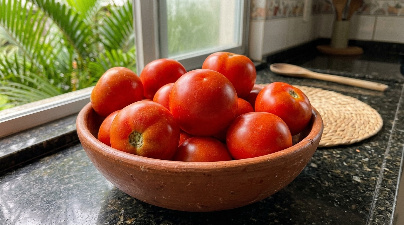 Uma fruteira redonda de cerâmica rústica repleta de tomates vermelhos e lisos, apoiada sobre uma bancada de granito escuro ao lado de uma janela iluminada com folhagens verdes ao fundo.
