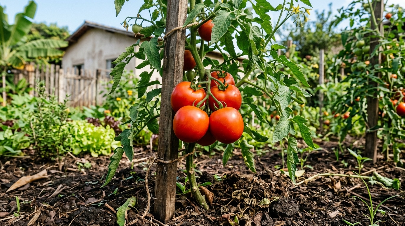 Cacho vigoroso de tomates vermelhos, redondos e maduros pendurados em um tomateiro. O caule principal da planta está amarrado com sisal a uma estaca rústica de madeira fincada em solo escuro. Ao fundo, uma horta caseira com alfaces, outras plantas e uma casa desfocada sob luz solar.