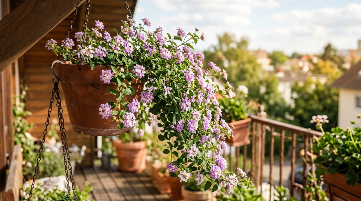Vaso rústico de cerâmica suspenso por correntes de metal, do qual transborda uma densa cascata de folhas verdes e pequenas flores lilases de lantana. Uma viga de madeira sustenta o arranjo, com a vista ensolarada de um bairro arborizado ao fundo.