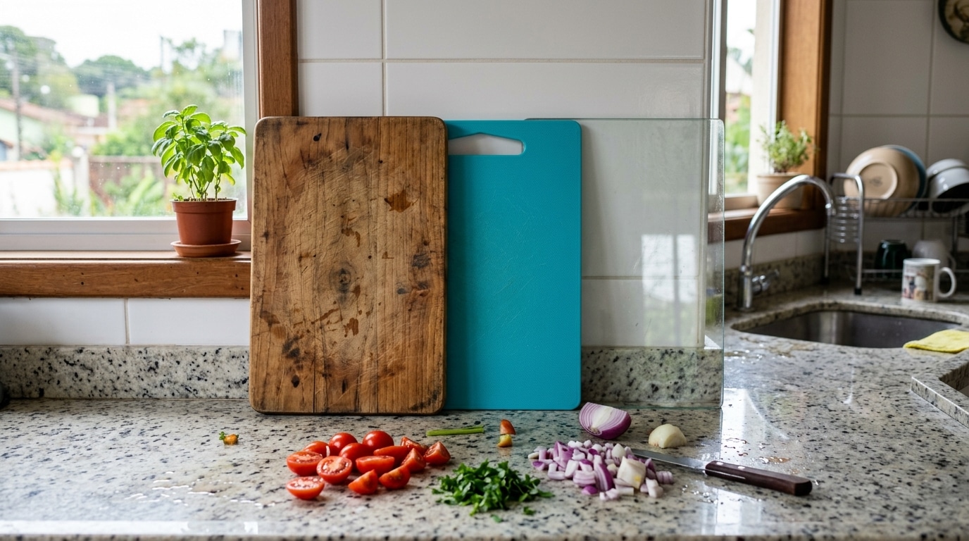 Três tábuas de corte de materiais diferentes (madeira, plástico azul e vidro) encostadas na parede atrás de tomates, cebola roxa e ervas picadas.