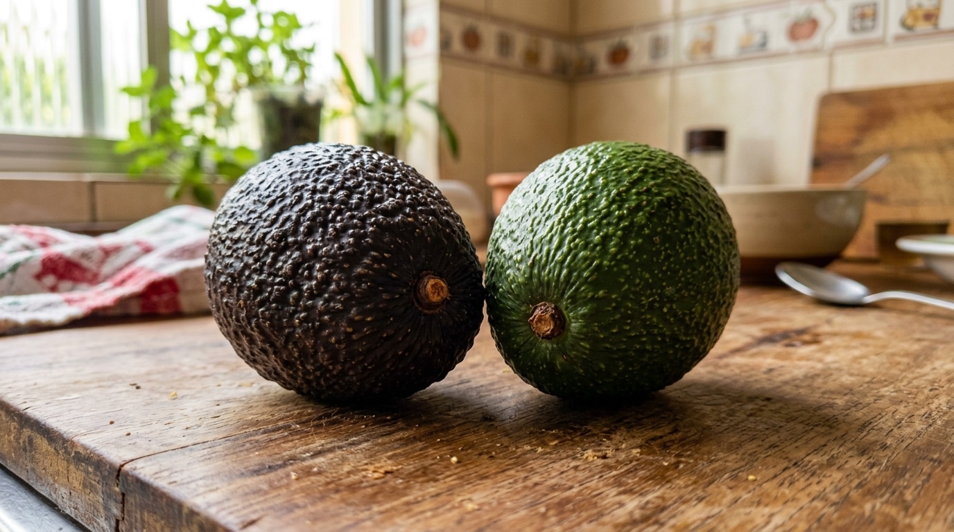 Dois abacates inteiros posicionados lado a lado sobre uma tábua de madeira grossa: o da esquerda possui a casca bem escura e rugosa, enquanto o da direita apresenta casca verde e mais lisa.