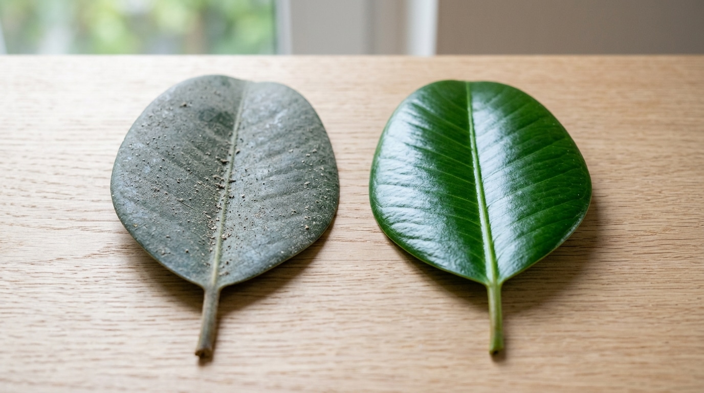 Duas folhas verdes lado a lado em uma superfície de madeira, mostrando o contraste entre uma folha opaca coberta de poeira e outra brilhante e recém-limpa.