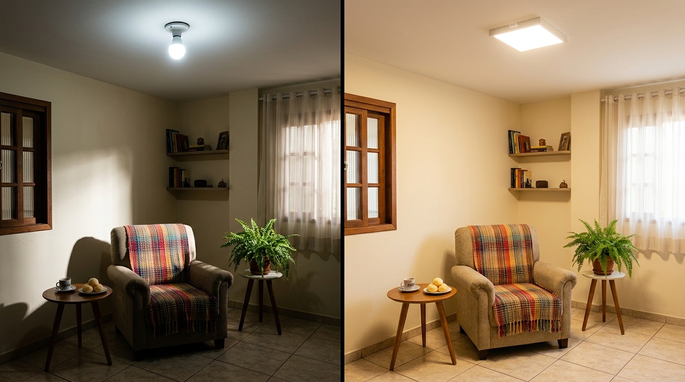Imagem dividida mostrando a mesma sala de estar. À esquerda, uma lâmpada fria e exposta gera sombras duras. À direita, um painel de LED no teto espalha uma luz quente e suave pelo ambiente.