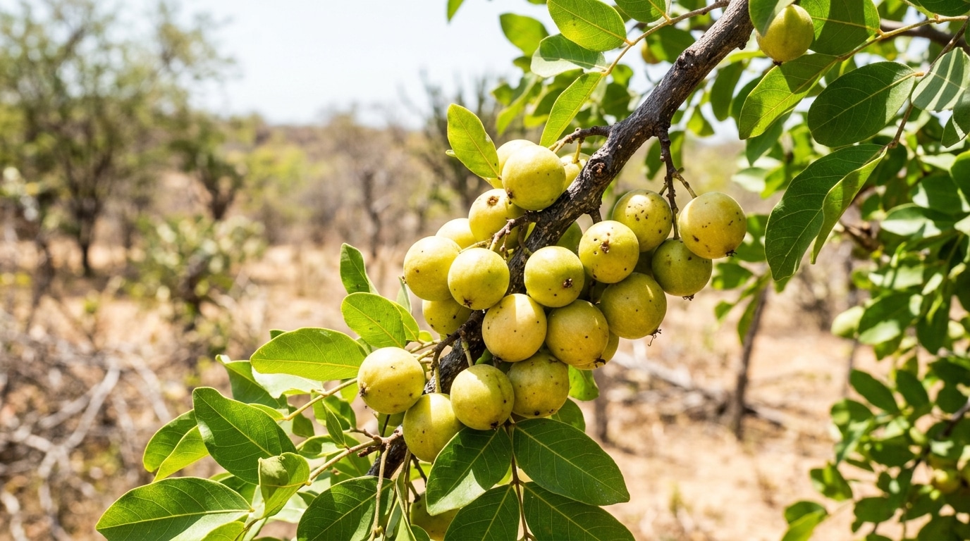 Galho texturizado de umbuzeiro carregado com dezenas de umbus arredondados em tons de verde e amarelo-claro. As frutas estão envoltas por folhas verdes vibrantes, com a vegetação seca da Caatinga desfocada ao fundo.
