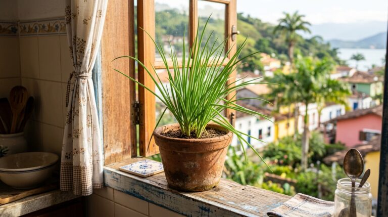Vaso de barro rústico com um pé de cebolinha grande e volumoso no parapeito de uma janela de madeira, com vista para uma cidade ensolarada ao fundo.