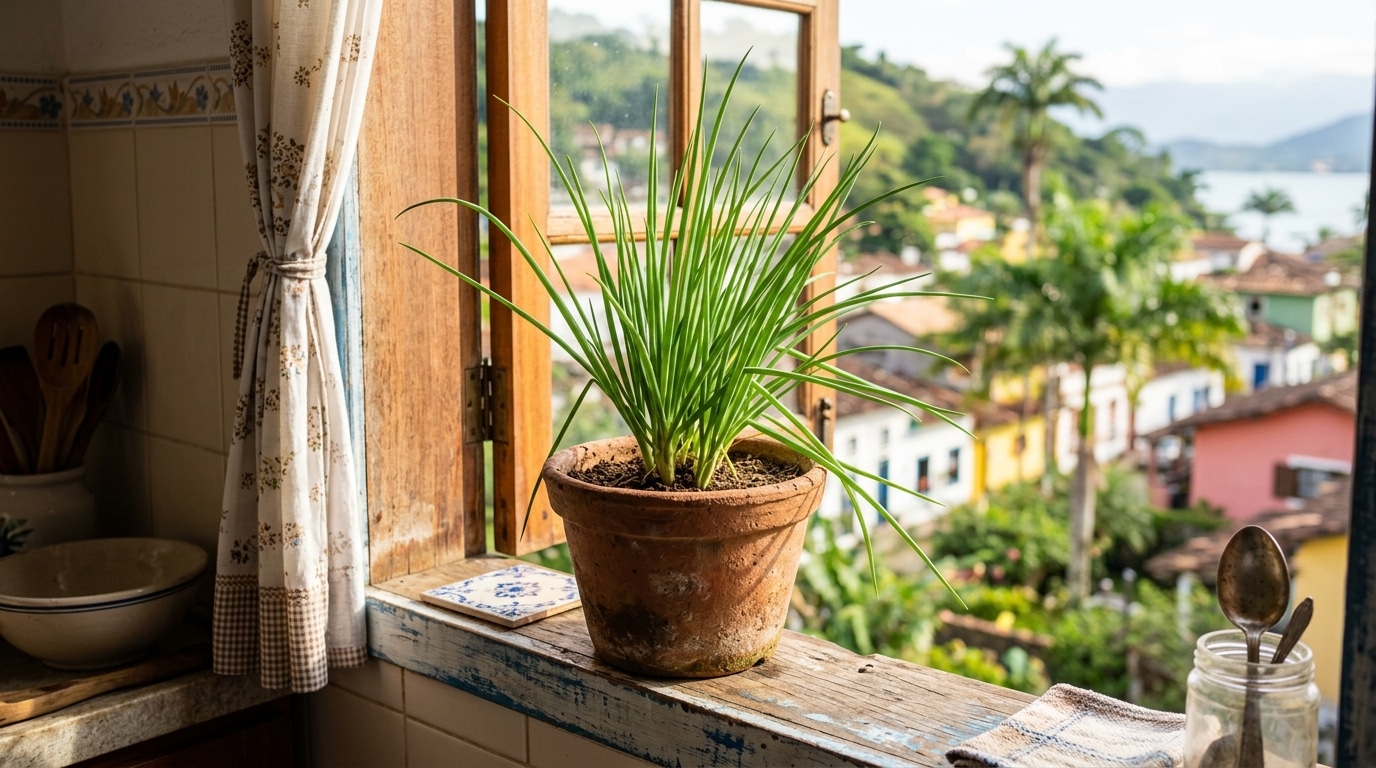 Vaso de barro rústico com um pé de cebolinha grande e volumoso no parapeito de uma janela de madeira, com vista para uma cidade ensolarada ao fundo.