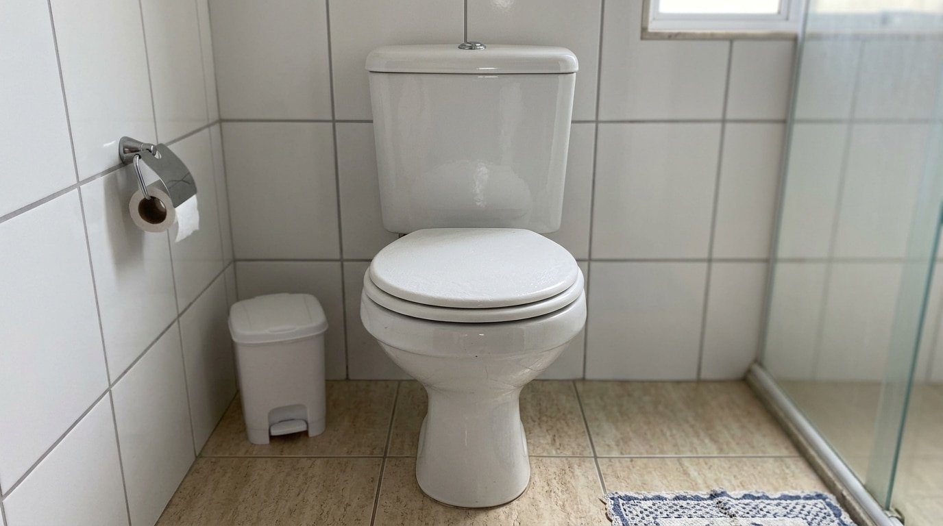 Fotografia em visão frontal de um vaso sanitário branco encostado em uma parede de azulejos brancos, com a tampa perfeitamente fechada. À esquerda, há um suporte cromado com papel higiênico e uma pequena lixeira branca com pedal. No chão de piso bege, nota-se a ponta de um tapete de algodão próximo ao box de vidro.