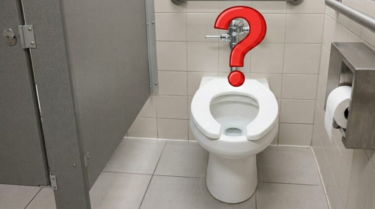 Vaso sanitário público branco com assento em formato de U dentro de uma cabine de banheiro, com um grande ponto de interrogação vermelho sobreposto no centro.