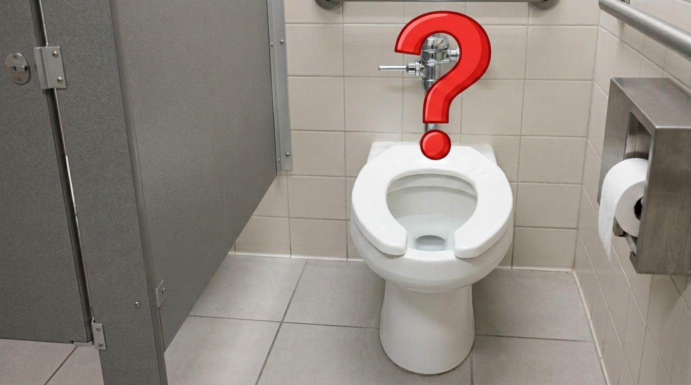 Vaso sanitário público branco com assento em formato de U dentro de uma cabine de banheiro, com um grande ponto de interrogação vermelho sobreposto no centro.