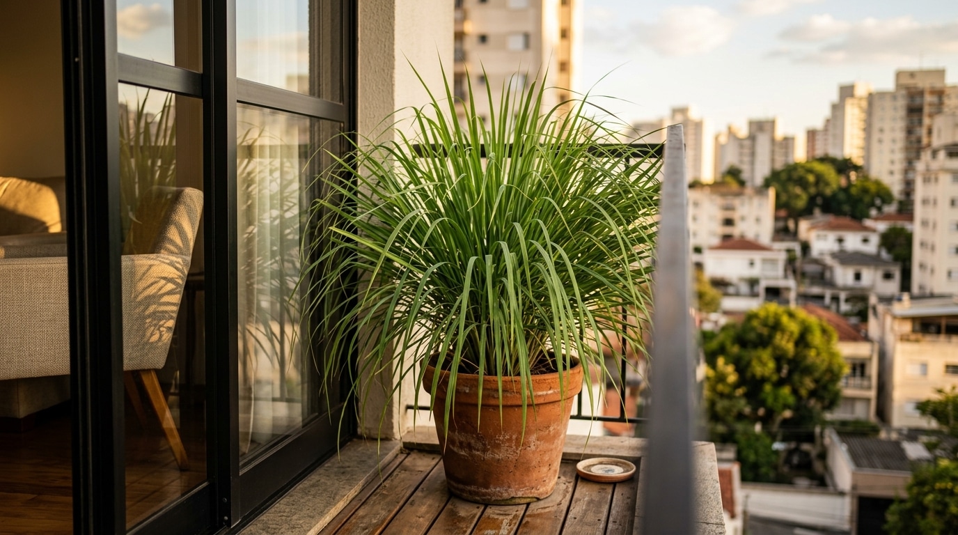 Touceira grande e bastante volumosa de capim citronela cultivada em um vaso de barro espaçoso, localizada no deck de madeira de uma varanda de apartamento com vista urbana.