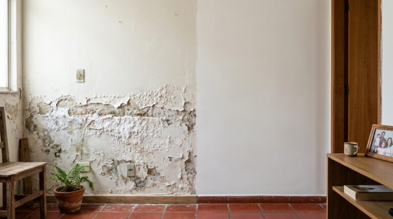 Parede branca de uma sala com a parte inferior esquerda cheia de bolhas, tinta descascando e pó branco acumulado, contrastando com o lado direito intacto.