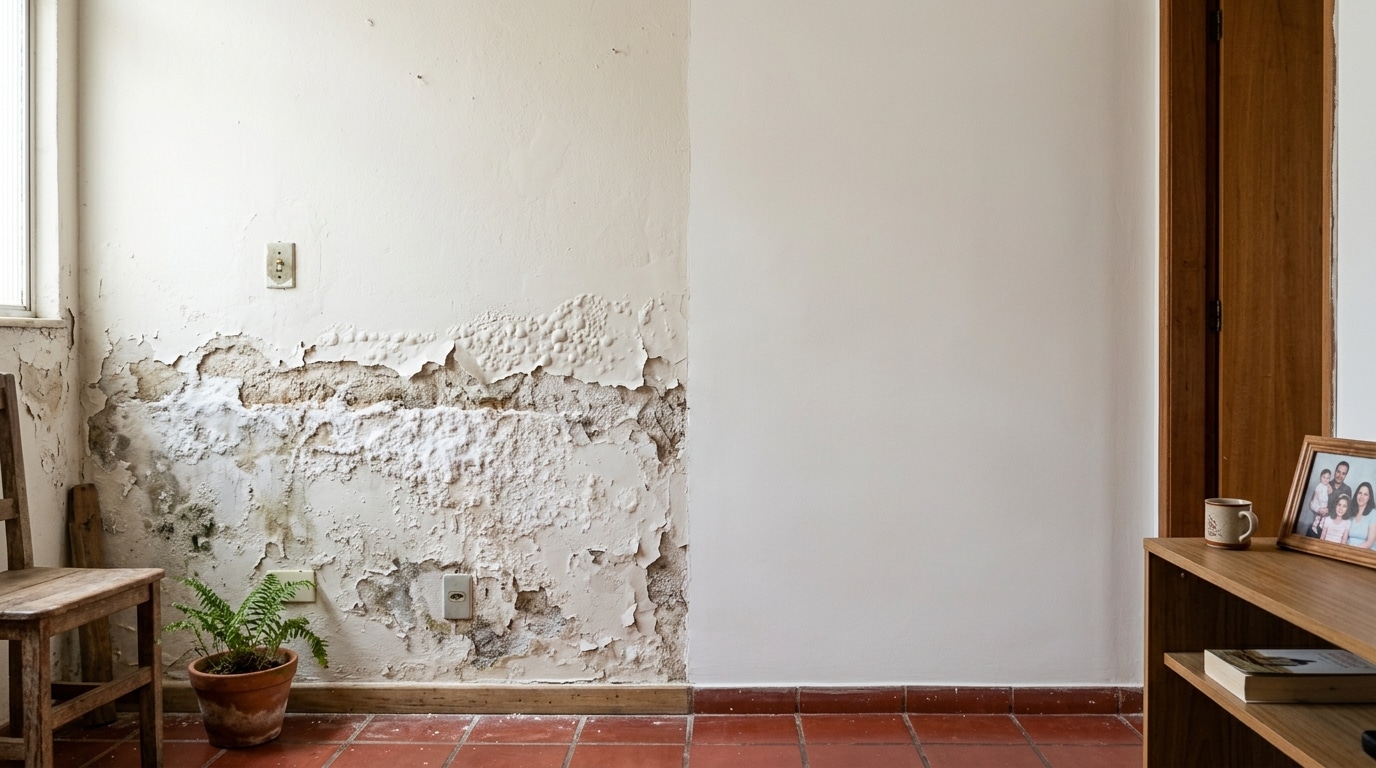 Parede branca de uma sala com a parte inferior esquerda cheia de bolhas, tinta descascando e pó branco acumulado, contrastando com o lado direito intacto.