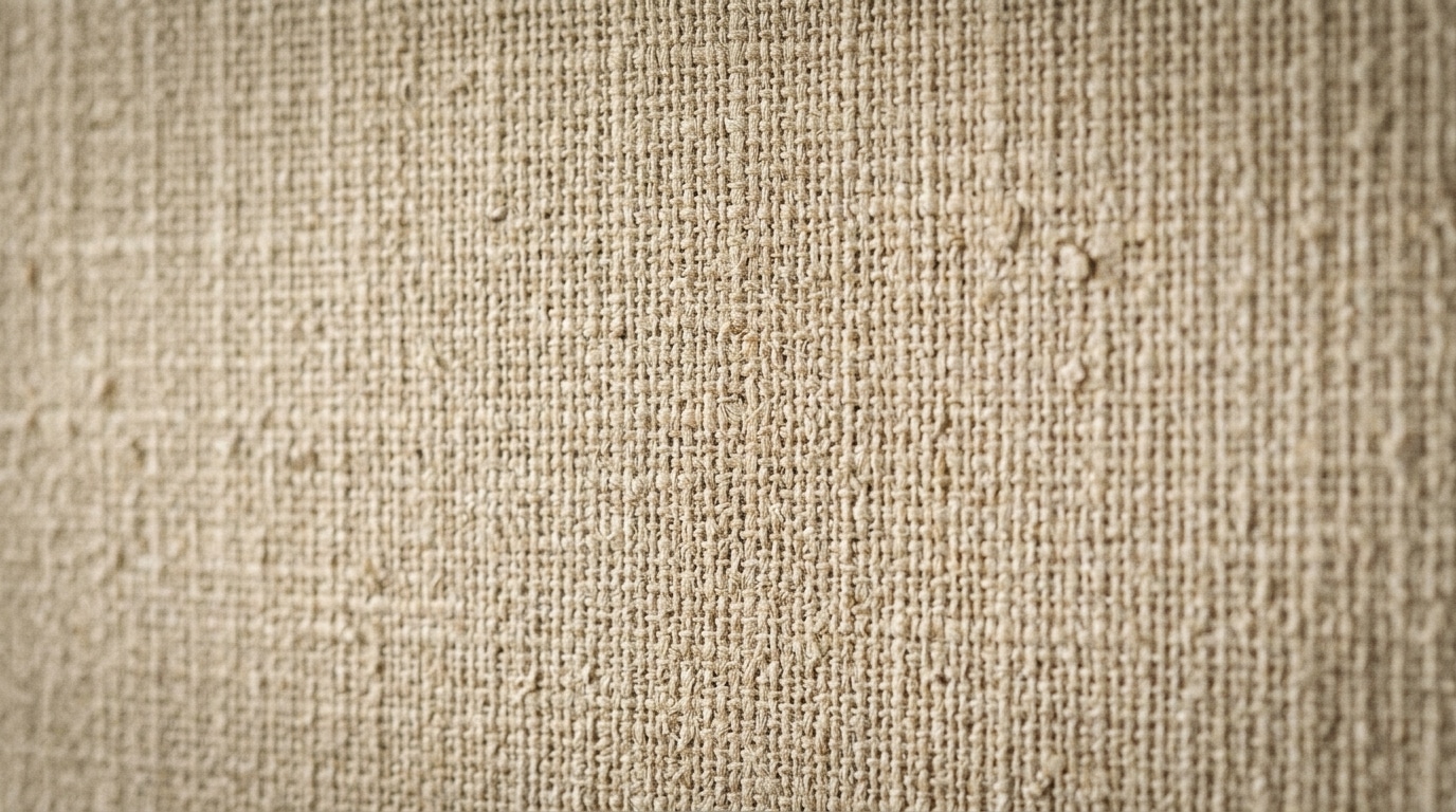 Fotografia em close-up de um papel de parede com textura de tecido rústico, semelhante a linho ou juta, em tons de bege claro. A iluminação lateral destaca as tramas cruzadas e as pequenas imperfeições naturais do material.