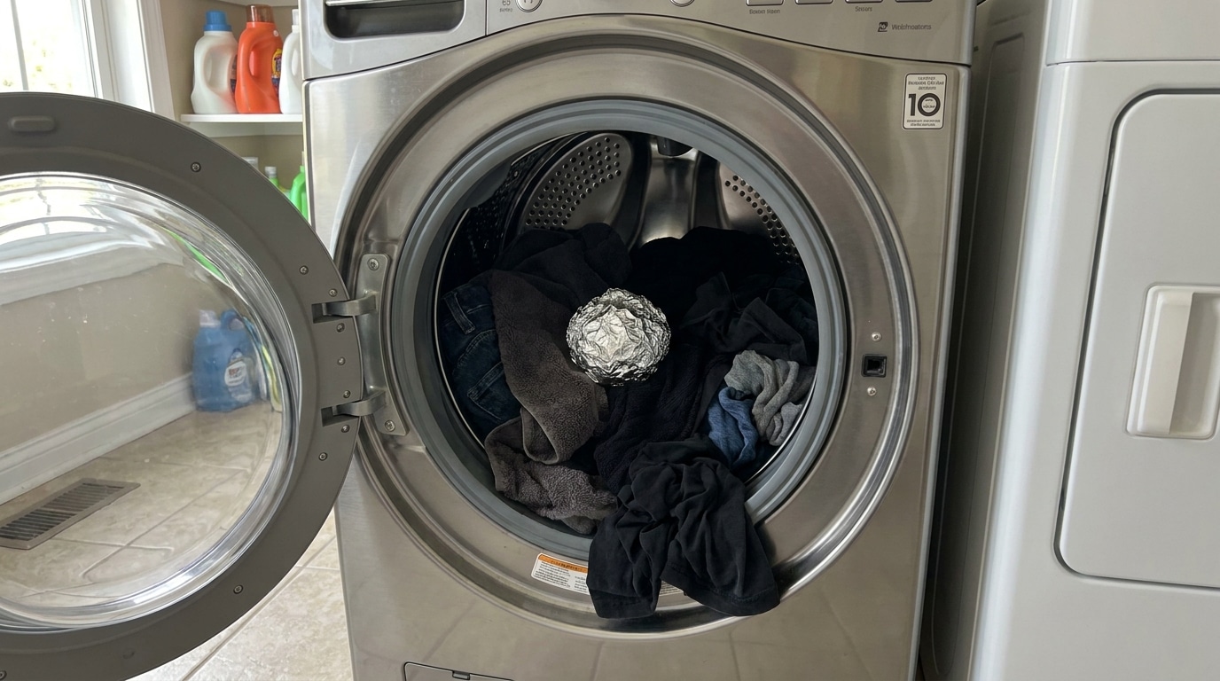 Tambor de aço inox de uma máquina de lavar roupas com a porta frontal aberta. O interior está preenchido com peças de roupas escuras e há uma bola de papel alumínio amassada centralizada sobre elas.
