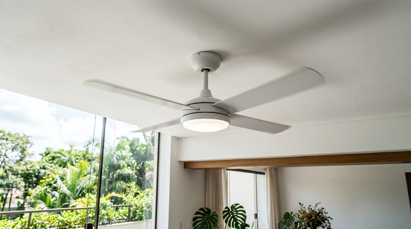 Ventilador de teto branco de design moderno com luminária central acesa, em pleno movimento de rotação no teto liso. Ao fundo, uma grande janela de vidro exibe a copa de árvores e folhagens verdes sob a luz do dia.