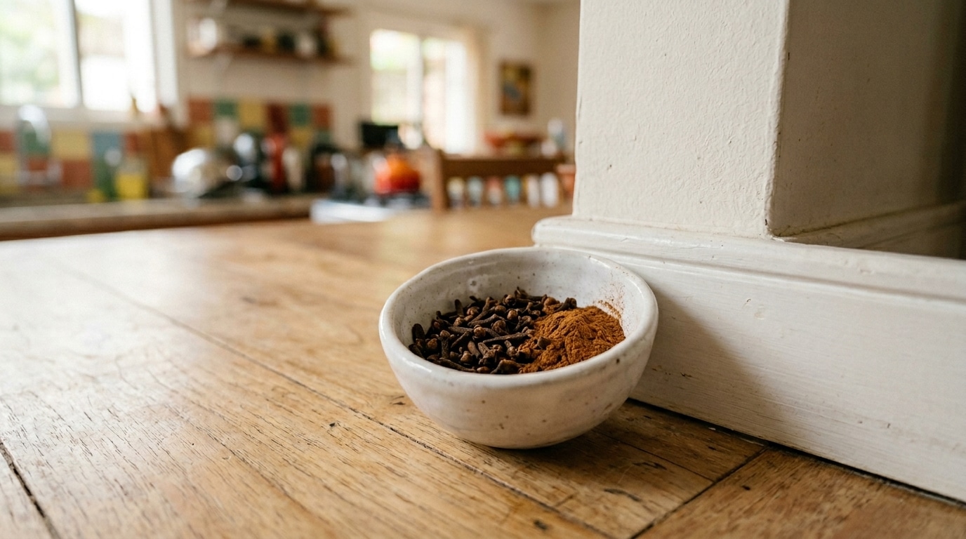 Pequena tigela de cerâmica branca de bordas irregulares apoiada em um piso de tábuas de madeira, encostada no rodapé de uma parede branca. Dentro do recipiente, metade do espaço é ocupada por cravos-da-índia inteiros e a outra metade por canela em pó. Fundo com cozinha colorida em desfoque.