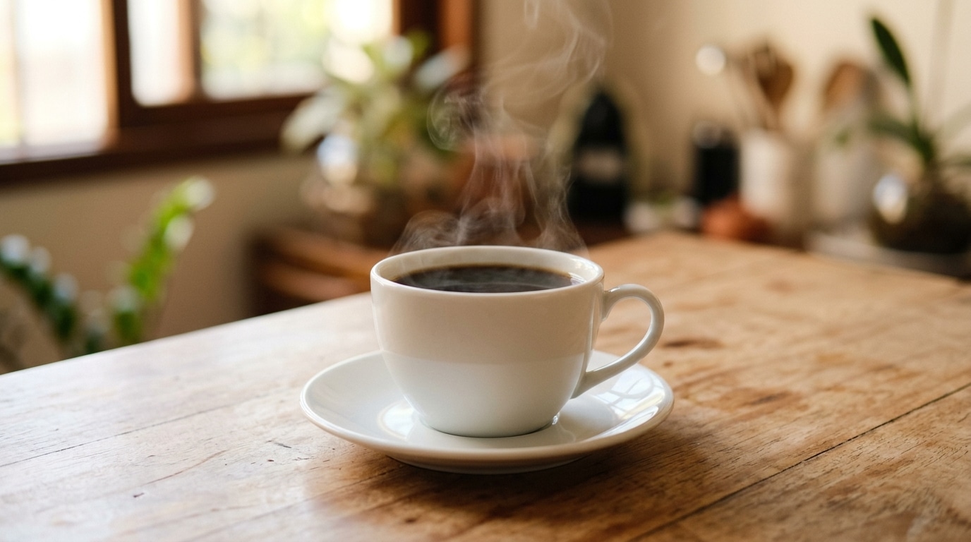 Xícara branca de cerâmica cheia de café preto fumegante sobre uma mesa de madeira, em um ambiente aconchegante e iluminado pela luz natural.