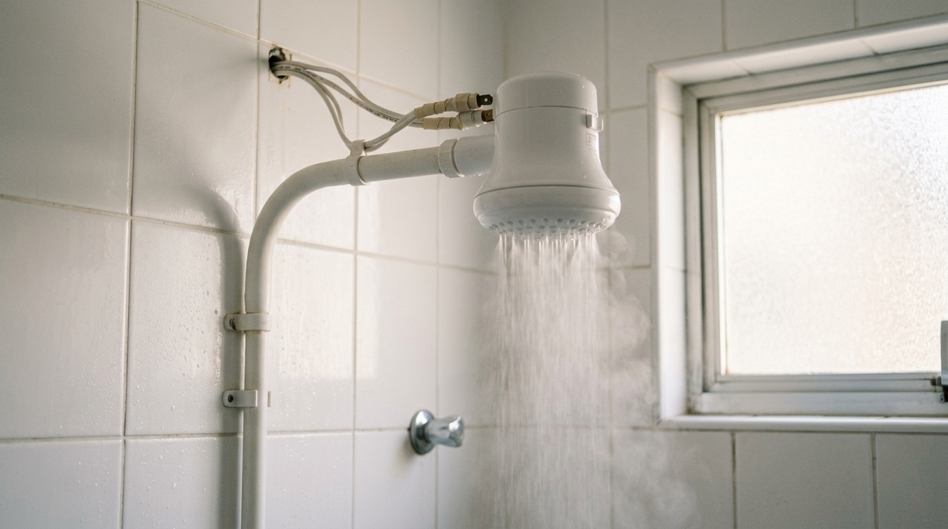 Chuveiro elétrico branco de design moderno e espalhador largo, instalado em um banheiro com azulejos beges. O equipamento está ligado, liberando bastante água e criando uma densa nuvem de vapor no ambiente.