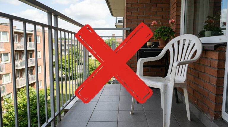 Varanda de apartamento com piso de cerâmica e parede de tijolos aparentes. Em primeiro plano, uma cadeira de plástico branco encardida possui um grande "X" vermelho desenhado graficamente sobre ela, indicando reprovação. Ao fundo, uma mesinha com um vaso de flores e a vista para outros prédios residenciais.