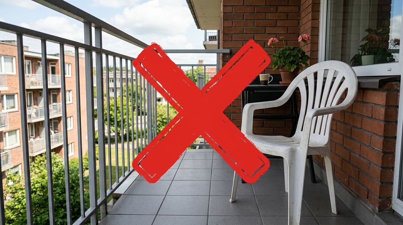 Varanda de apartamento com piso de cerâmica e parede de tijolos aparentes. Em primeiro plano, uma cadeira de plástico branco encardida possui um grande "X" vermelho desenhado graficamente sobre ela, indicando reprovação. Ao fundo, uma mesinha com um vaso de flores e a vista para outros prédios residenciais.