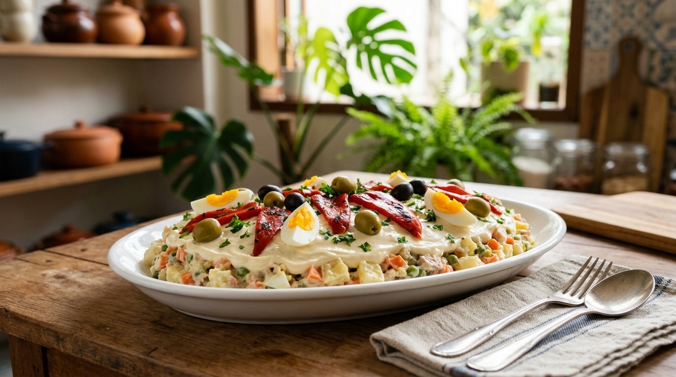 Travessa oval branca servindo uma porção farta de salada de maionese clássica, finalizada com salsinha fresca picada e rodelas de ovos cozidos, disposta em uma mesa de almoço.