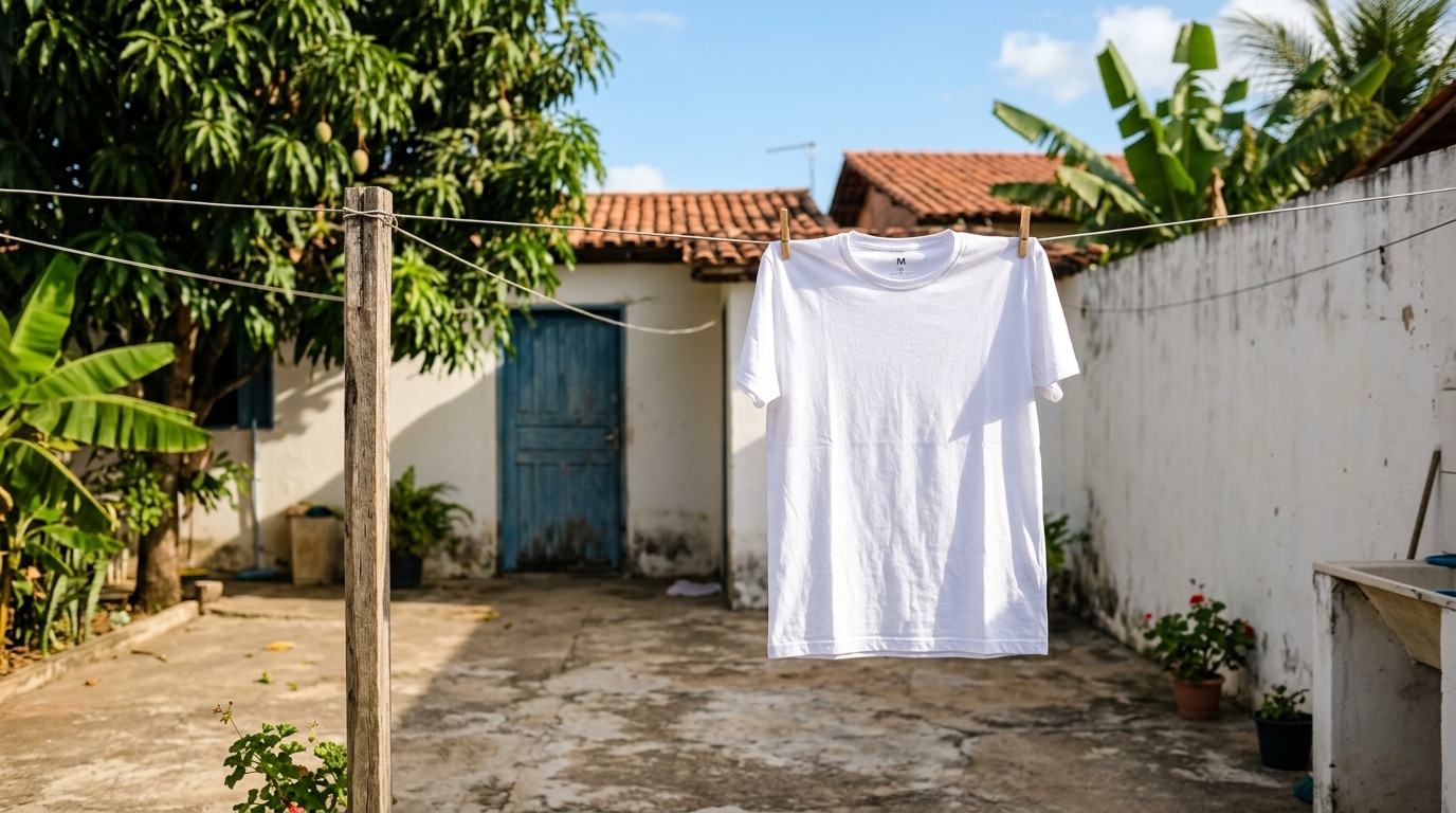 Uma camiseta branca limpa pendurada com dois pregadores de madeira em um varal de corda. O fundo mostra um quintal brasileiro rústico com árvores frutíferas e uma casa simples sob um céu azul ensolarado.