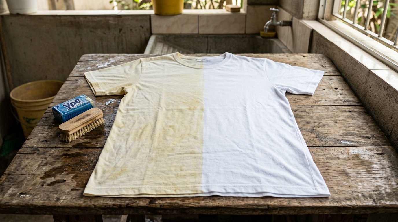 Camiseta branca dividida na metade sobre uma mesa de madeira. A metade esquerda está amarelada e encardida, enquanto a metade direita está branca e limpa. Uma barra de sabão azul e uma escova de lavar de madeira estão ao lado.