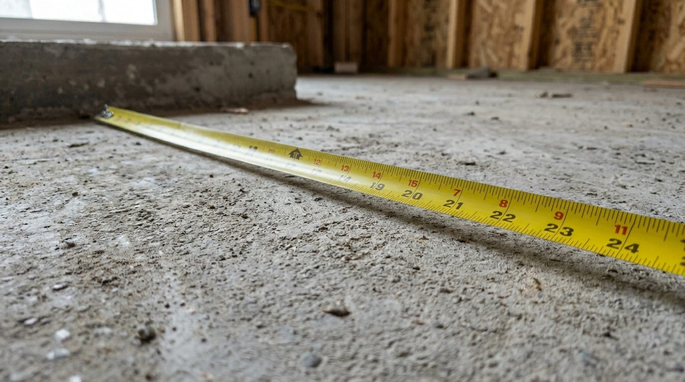 Trena amarela esticada sobre um contrapiso de concreto áspero em uma obra, medindo a superfície rústica perto de uma viga de fundação.