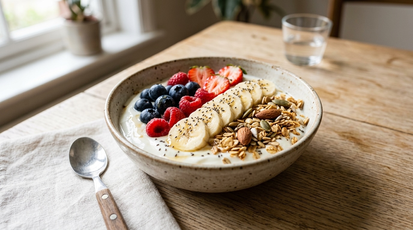 Tigela de vidro cheia de iogurte branco, decorada de forma harmoniosa com um mix de frutas vermelhas (mirtilos, amoras e framboesas) e uma porção de granola crocante ao lado.