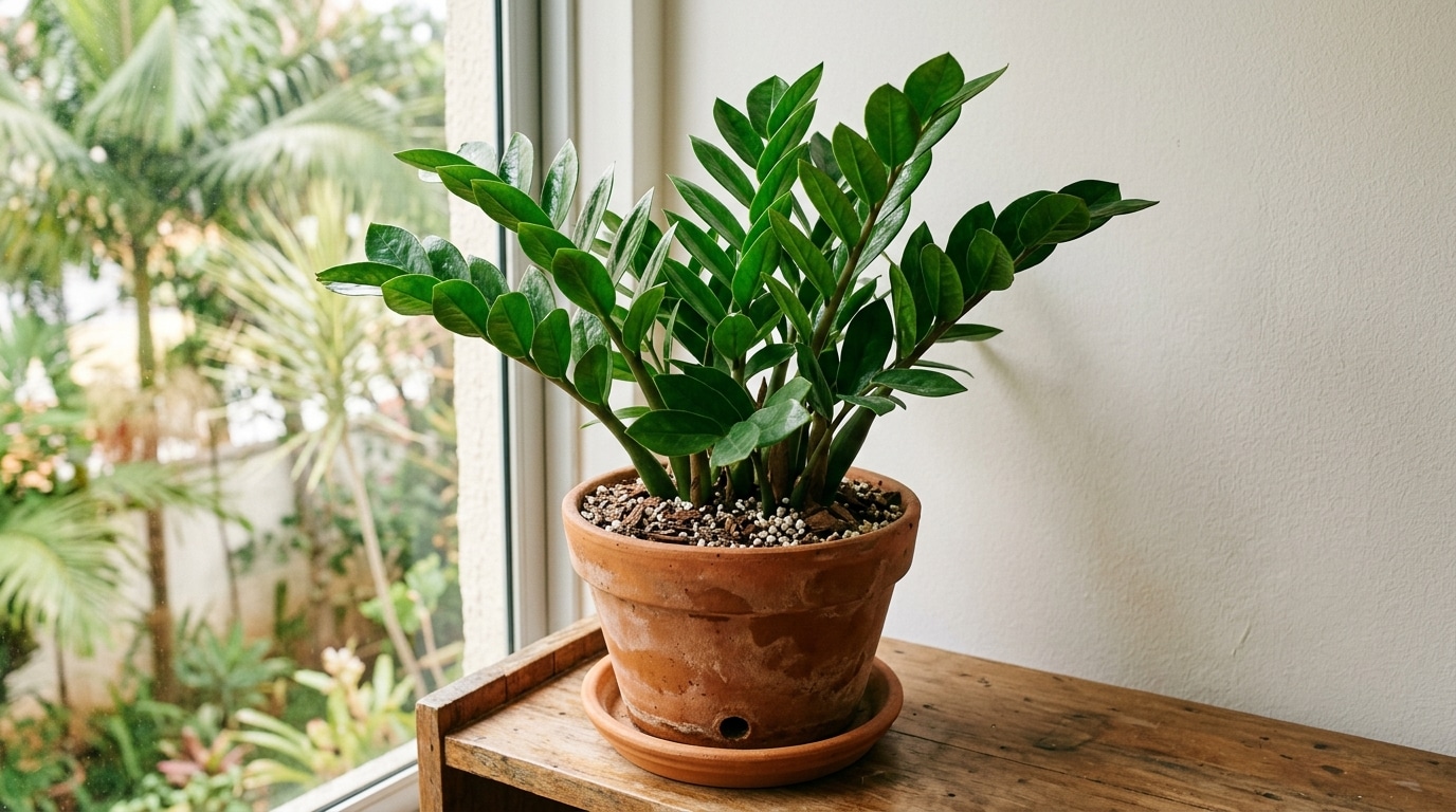 Planta Zamioculca exuberante, com caules eretos e folhas verde-escuras muito brilhantes, cultivada em um vaso decorativo claro posicionado em um ambiente interno e aconchegante.