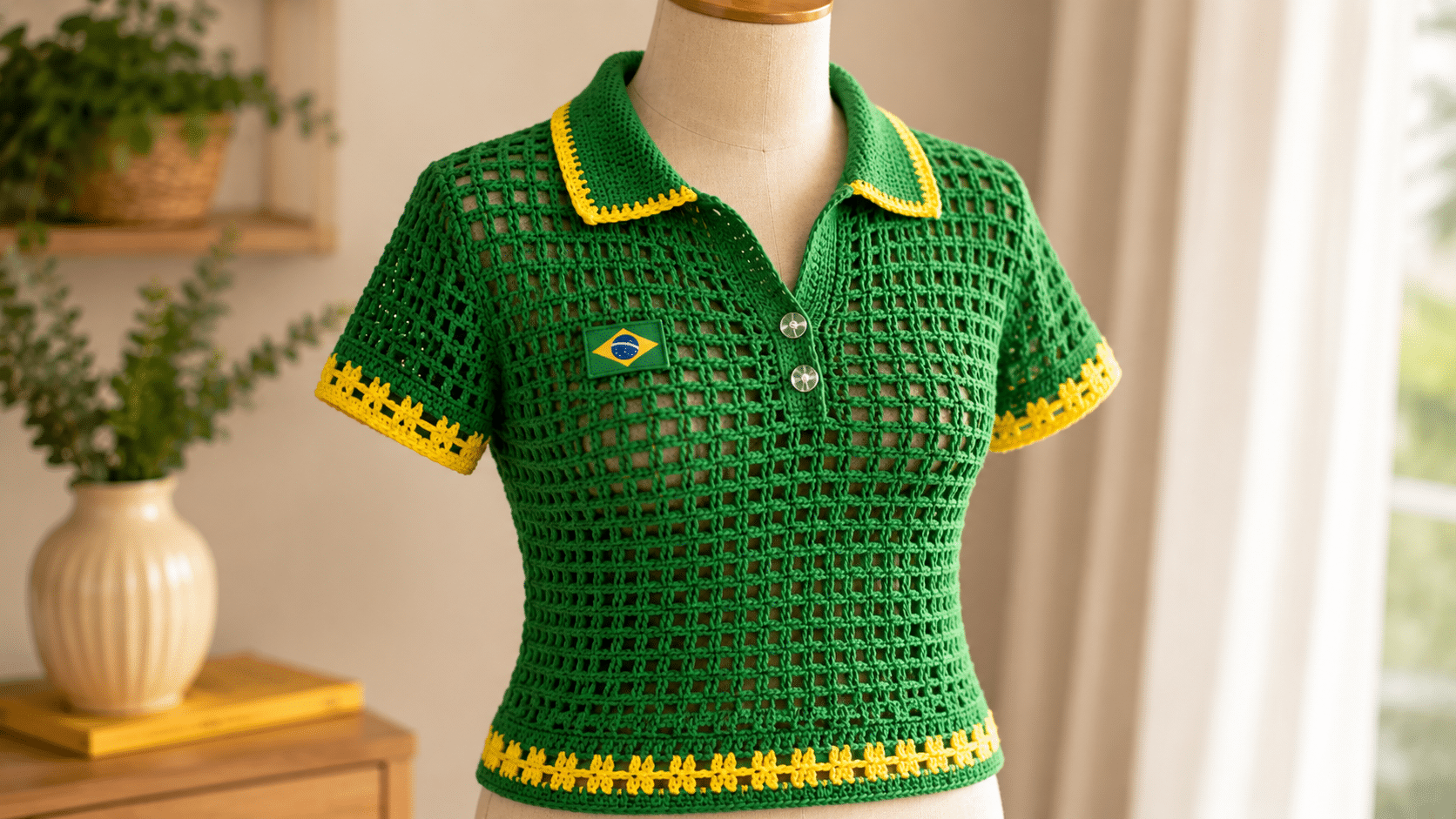 Camisa polo de crochê nas cores do Brasil com acabamento sofisticado. Montagem GPT Estúdio Katia Ribeiro.