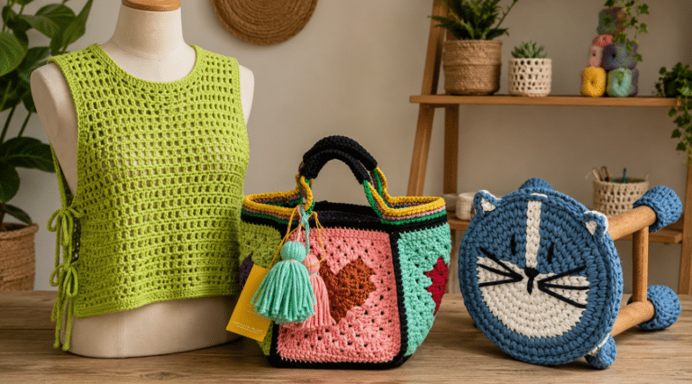 Crochê moderno em composição criativa, reunindo blusa, bolsa e banquinho artesanal com textura, cor e personalidade.