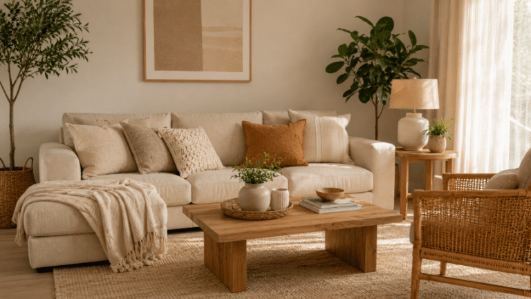 Sala em tons neutros com madeira, fibras naturais e luz suave, criando um ambiente elegante, acolhedor e cheio de conforto visual.