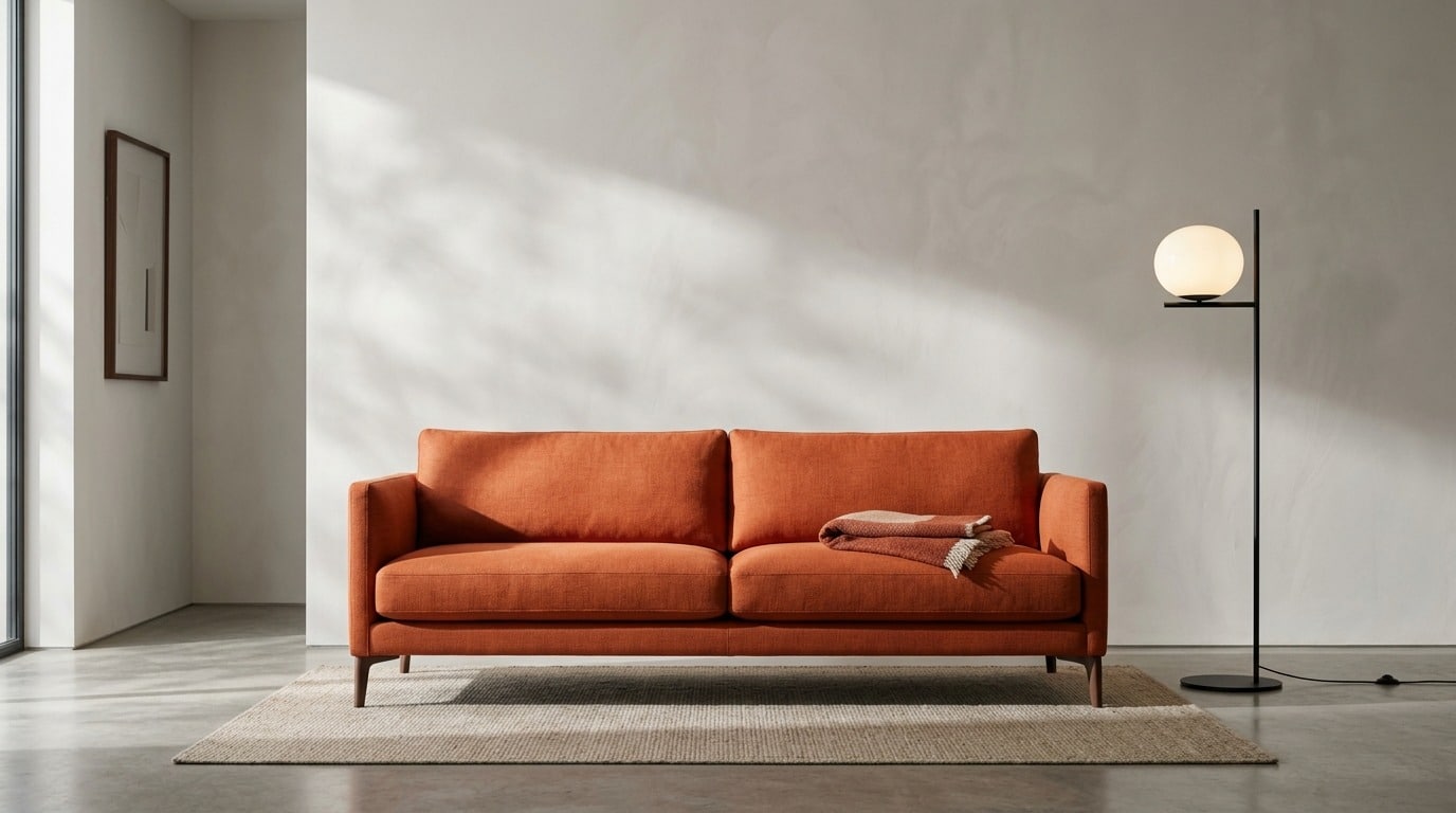 Sofá laranja moderno sobre um tapete bege em uma sala minimalista com luminária de chão e luz natural.
