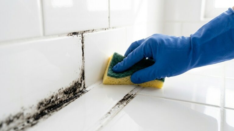 Pessoa com luva azul removendo mofo preto do rejonte de azulejos brancos tipo metrô com uma esponja.