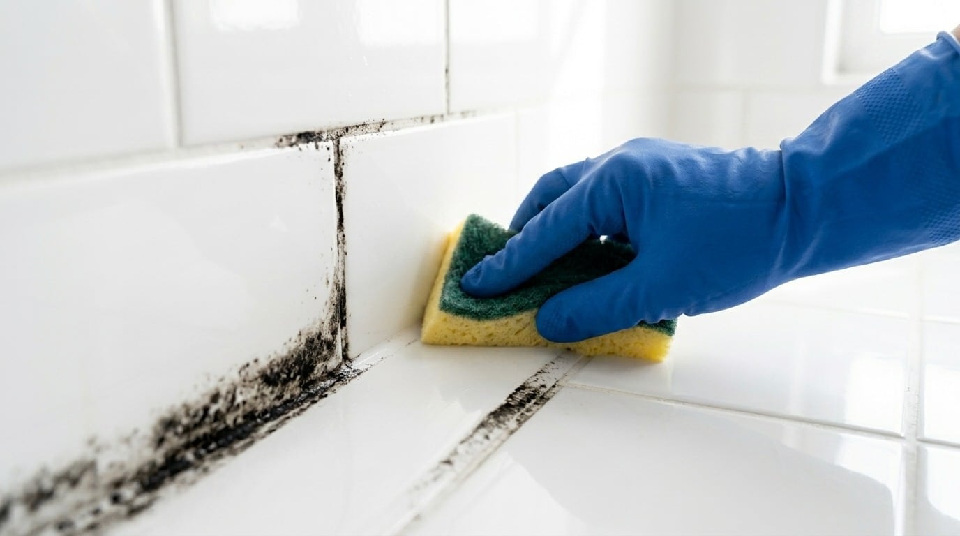 Pessoa com luva azul removendo mofo preto do rejonte de azulejos brancos tipo metrô com uma esponja.