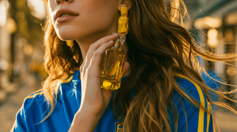 Mulher brasileira usando camiseta azul da Seleção Brasileira segura um frasco de perfume amarelo próximo ao pescoço em uma rua ensolarada do Rio de Janeiro.