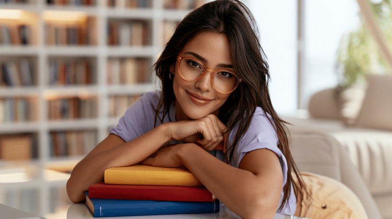 Mulher de óculos sorrindo apoiada sobre três livros coloridos em uma biblioteca aconchegante, ilustrando livros de psicologia e desenvolvimento pessoal.