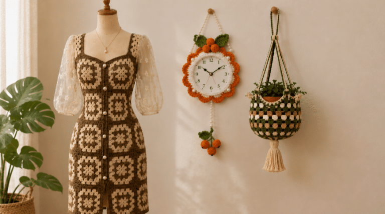 Composição artesanal com vestido de crochê em manequim, relógio decorativo na parede e porta-planta suspenso, criando um ambiente delicado, acolhedor e cheio de charme feito à mão.