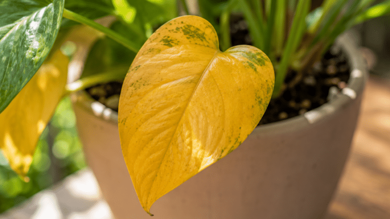 Planta em vaso com folhas amareladas em destaque, mostrando a importância de observar a rega, a luz e o solo para recuperar a saúde da planta aos poucos.