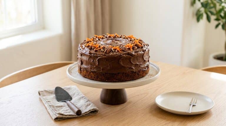 Bolo de cenoura com cobertura de chocolate, decorado com cenoura ralada e nozes, em um suporte sobre mesa de madeira.