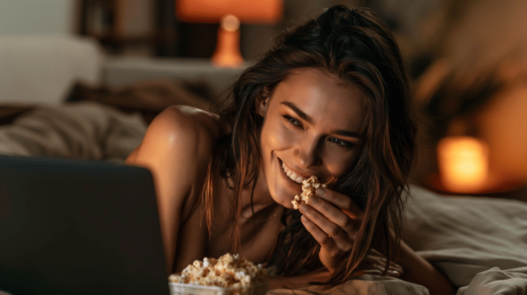 Mulher sorrindo enquanto assiste a um filme no notebook à noite e come pipoca em uma sala aconchegante iluminada por luzes quentes.