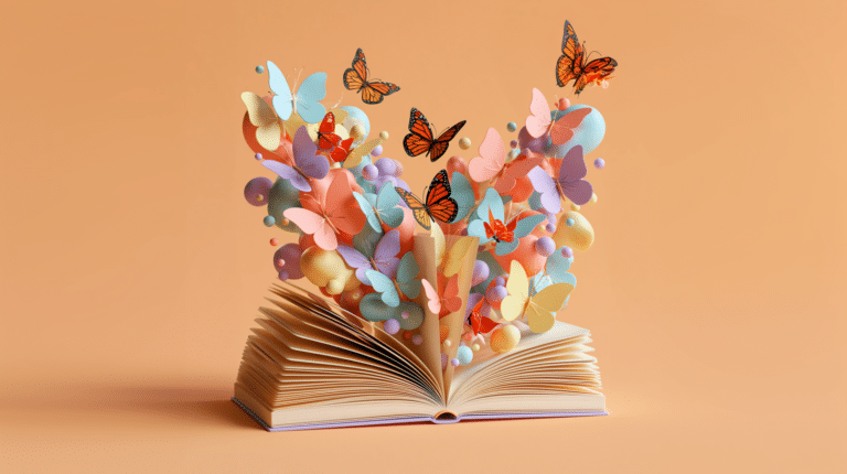 Livro aberto com borboletas coloridas simbolizando autoestima, autoconhecimento e transformação pessoal.