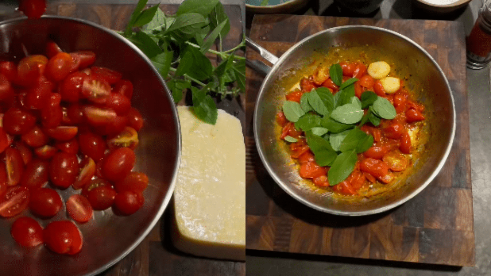 Tomates-cereja, manjericão, alho e parmesão formam a base de um molho caprese cremoso e aromático para um jantar especial de Dia dos Namorados.
