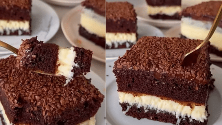 Fatias de bolo prestígio gelado com massa de chocolate, recheio branco cremoso de coco e cobertura de chocolate com granulado em pratos.