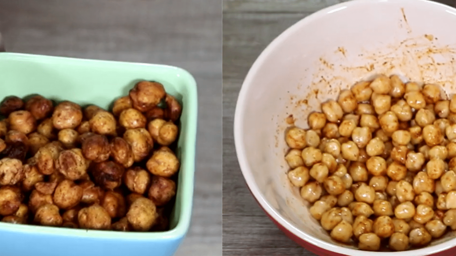 Snack de grão-de-bico temperado em duas etapas: à direita, os grãos ainda úmidos em uma tigela com especiarias; à esquerda, o grão-de-bico já assado e crocante servido em um potinho azul.