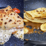 Duas versões de crepioca na frigideira: uma salgada recheada com queijo derretido, tomate e temperos, e outra doce com banana e creme de doce de leite.